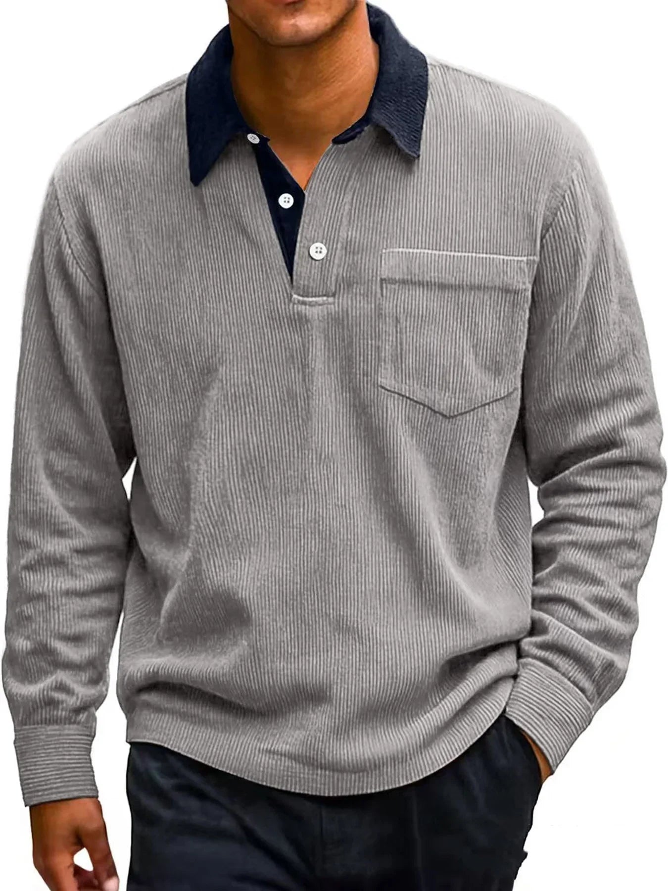 Gray long-sleeve shirt with a collar worn by a person on a white background