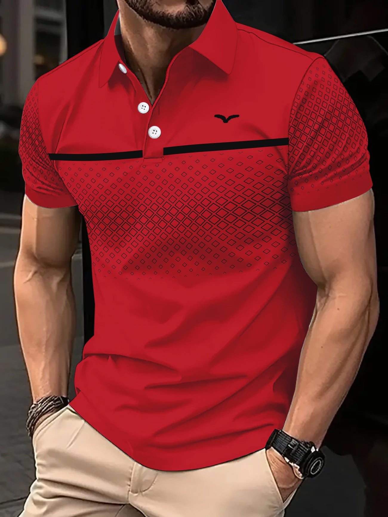 Red polo shirt with black accents worn by a person, blurred background