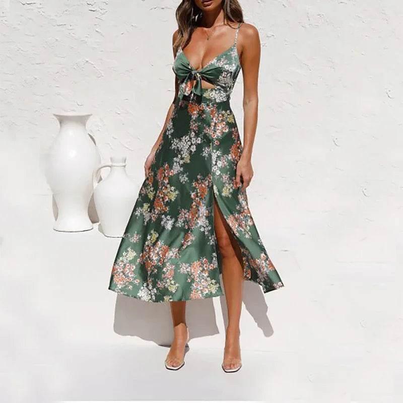 Flower Print Split Suspender Dress - Summer Beach Style - ZA-Zola