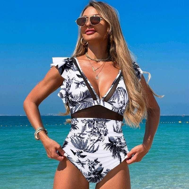 Black Ruffled Sleeve V-Neck Swimsuit | ZA-Zola - ZA-Zola