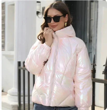 Shiny Hooded Puffer Jacket for Women – Warm Cotton Coat - ZA-Zola