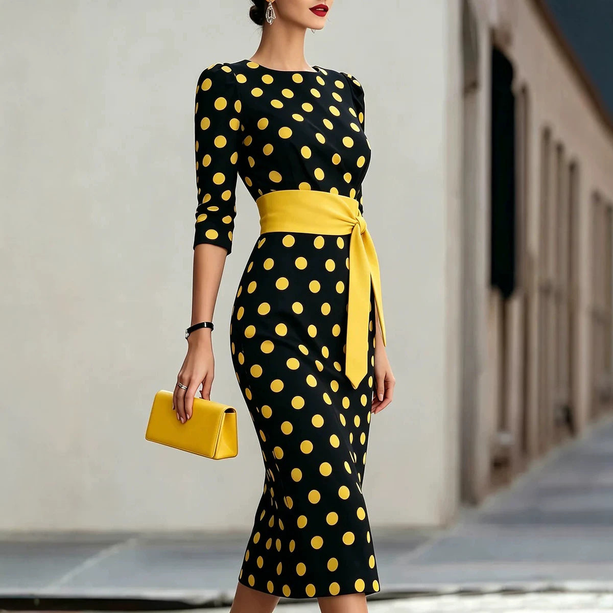 Woman wearing a black dress with yellow polka dots and a matching belt, holding a yellow clutch.