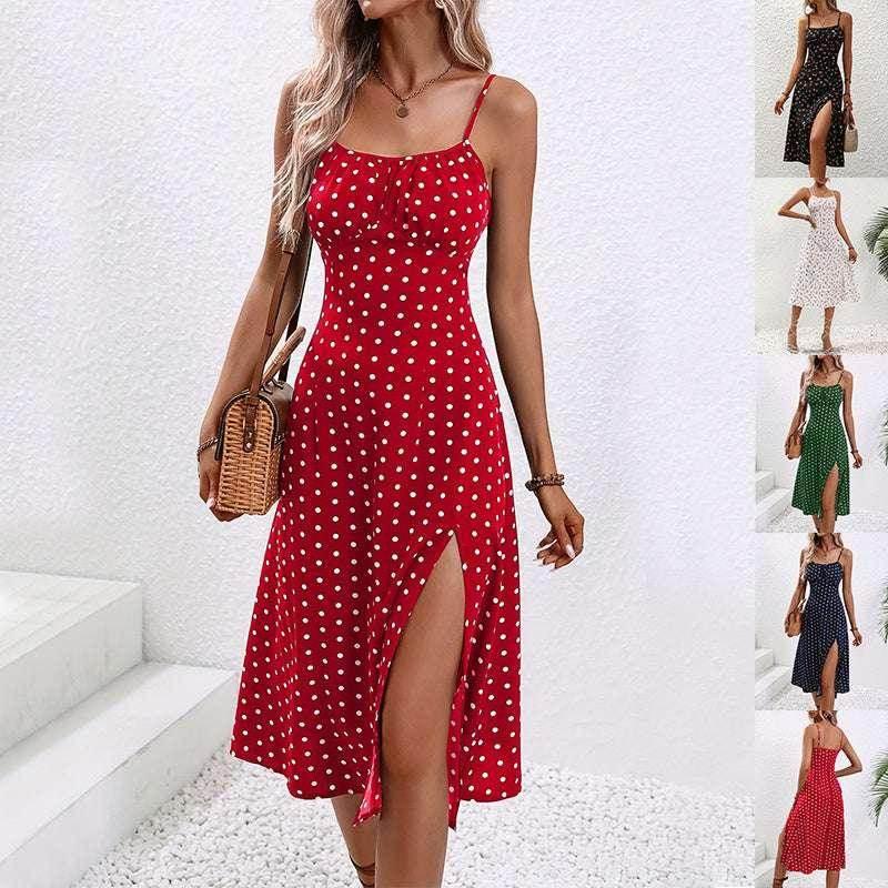 Polka Dot Print Suspender Dress - Summer Slit Style - ZA-Zola