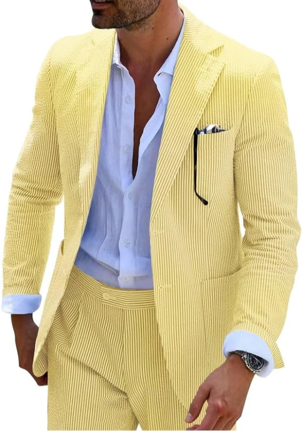 Man wearing a yellow suit with a white shirt on a white background