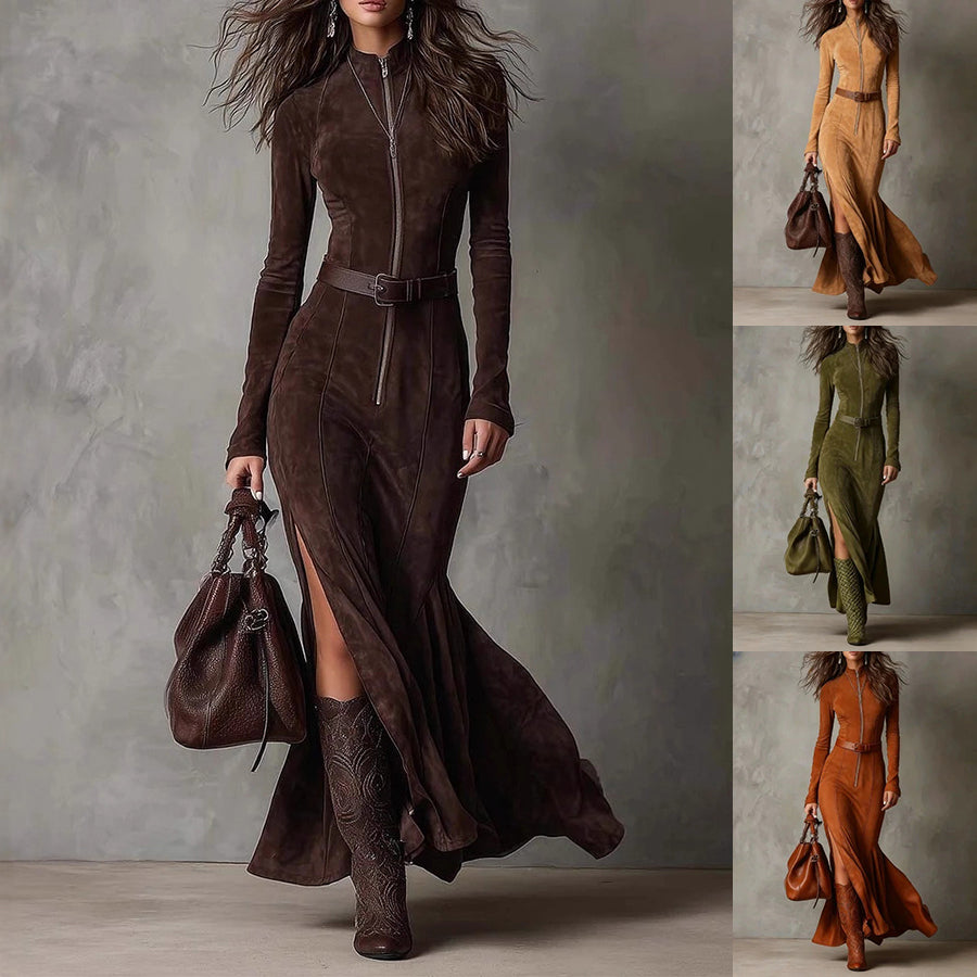 A woman models a long-sleeve maxi dress in dark brown suede-like fabric with a front zipper, a matching belt, and a high slit, shown in a large main panel and a vertical strip of three smaller color variants on the right. She is also wearing tall brown boots and carrying a brown handbag against a gray studio backdrop.