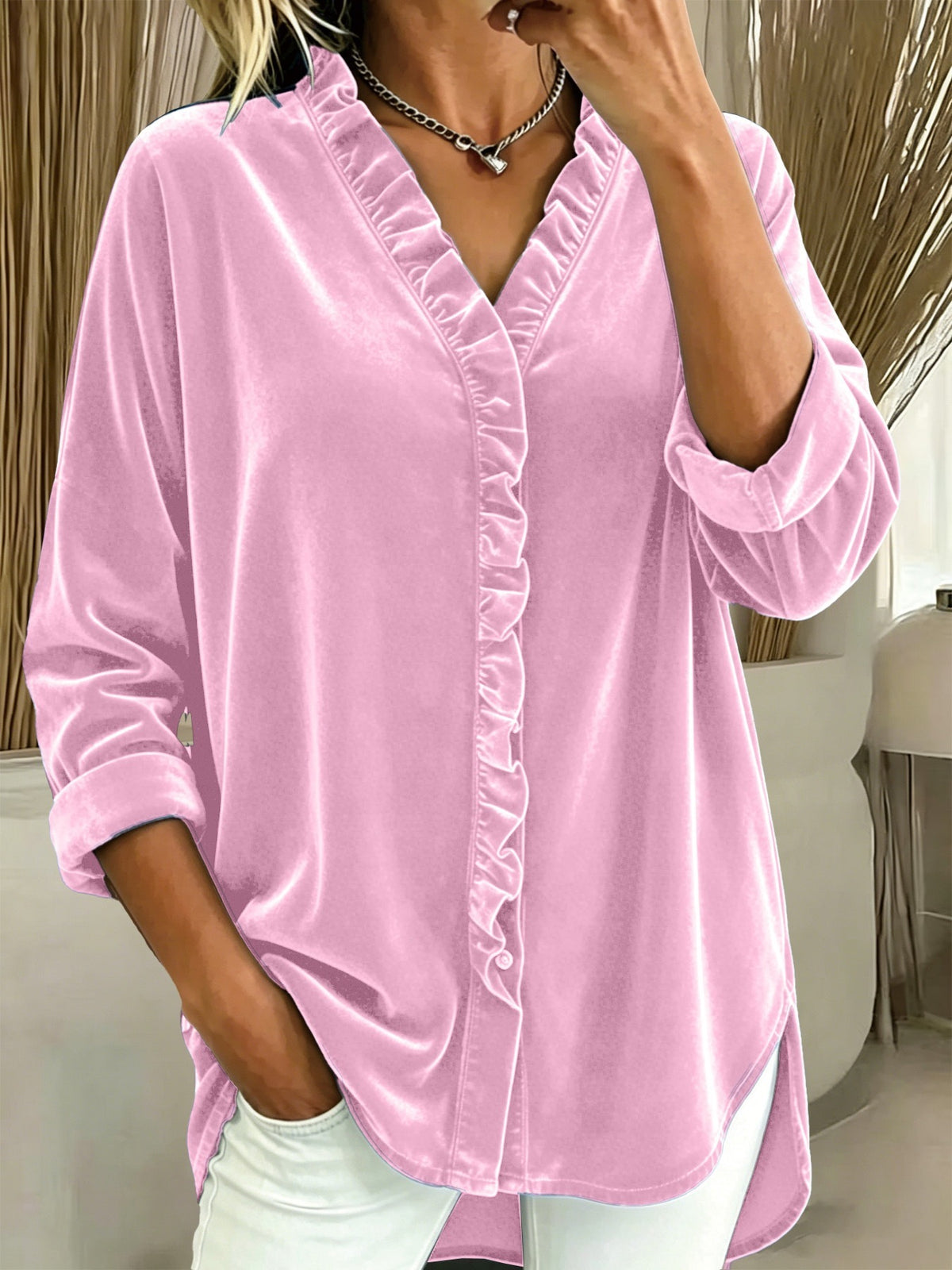 Women’s V Neck Ruffle Blouse | Long Sleeve Solid Top