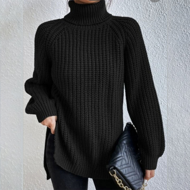 Person wearing a black turtleneck sweater holding a blue handbag against a plain background