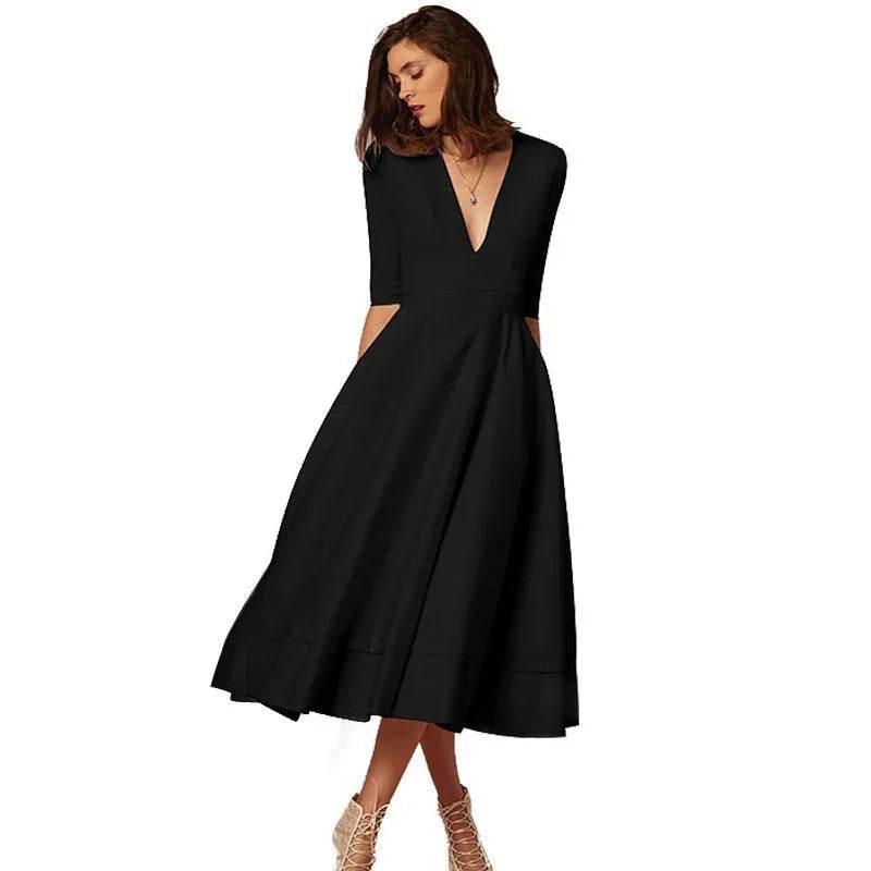 Retro 60s V-neck Swing Dress with Sleeves - ZA-Zola