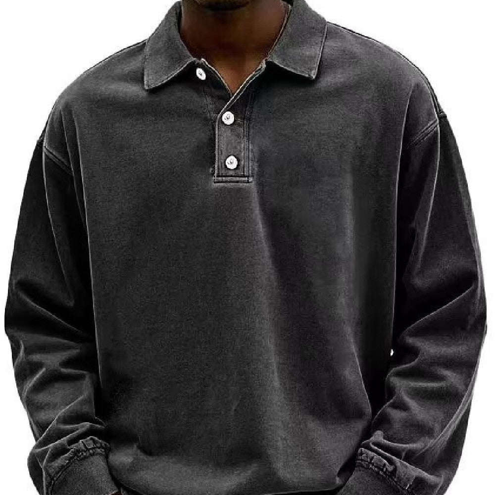 Dark gray long-sleeve polo shirt worn by a person on a white background