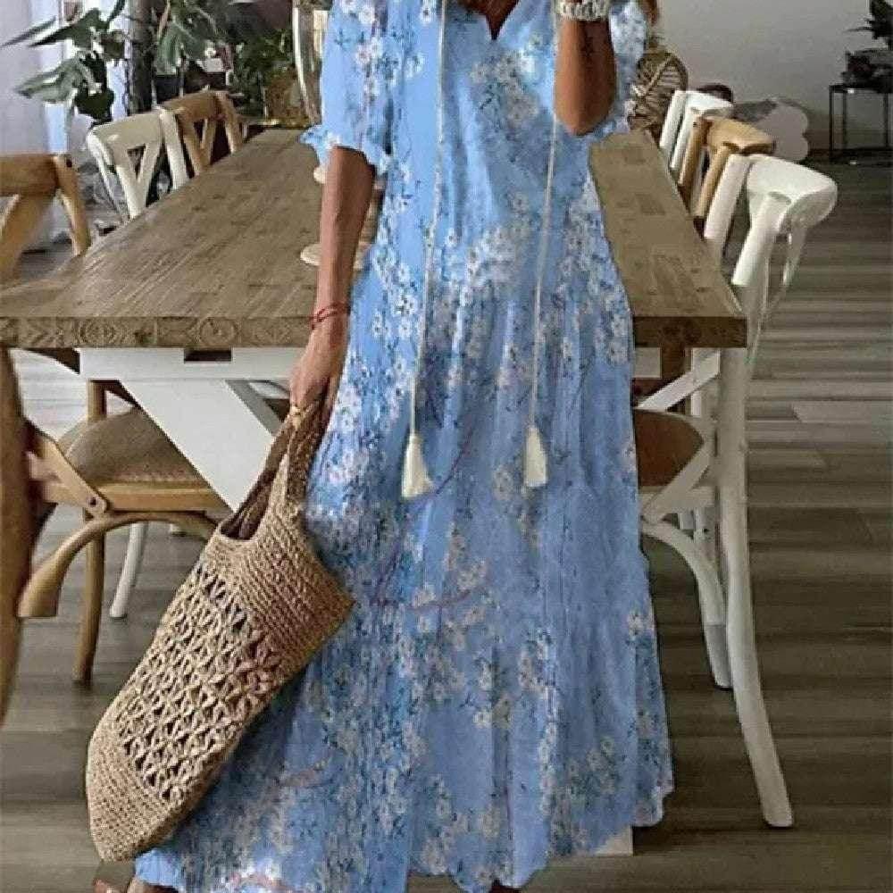 Floral V-Neck Long Dress – Elegant & Flowy Fit - ZA-Zola