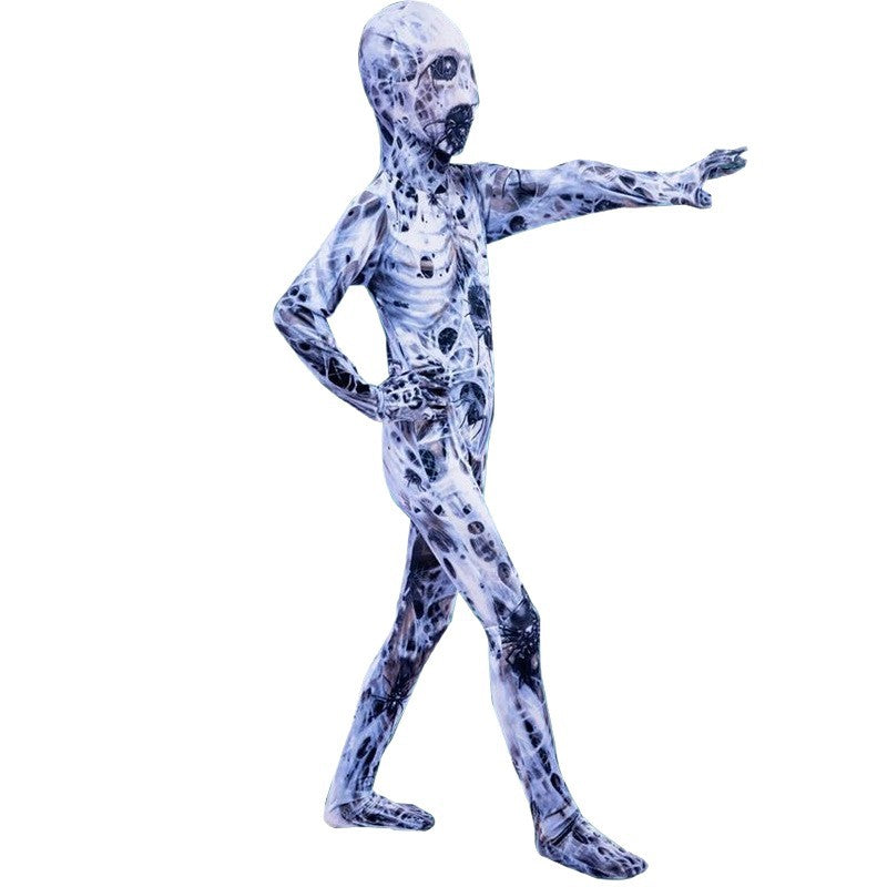 A full-body Halloween costume modeled on a headless mannequin, featuring a zombie or alien-like design with a skull mask, exposed bone print, and black spots on a white and blue-gray base.