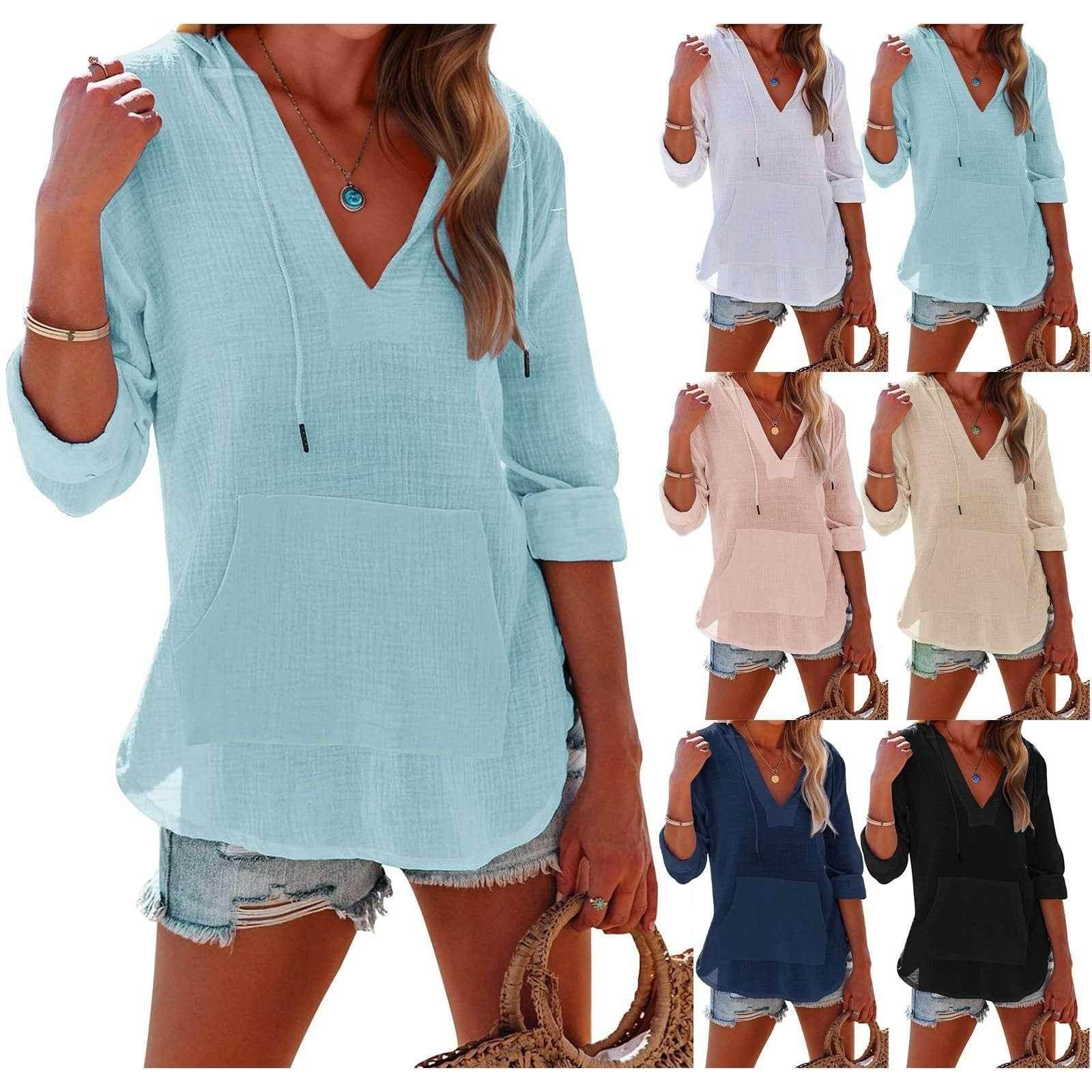 Women's V-Neck Hooded Cotton Split Shirt - ZA-Zola