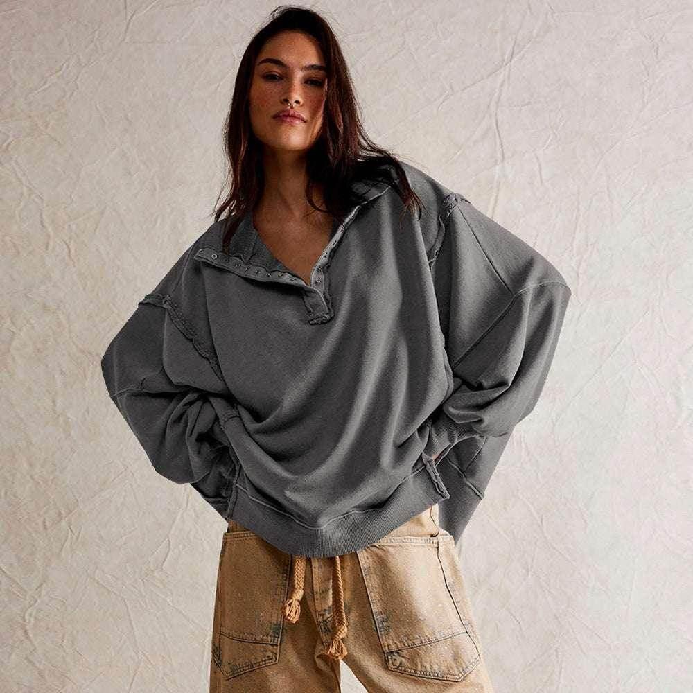 Lapel Button Slit Sweatshirt – Sporty & Stylish - ZA-Zola