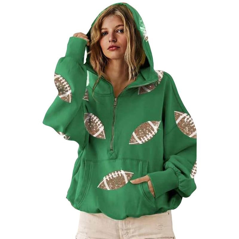 Green hoodie with football designs on sleeves worn by a model on a white background