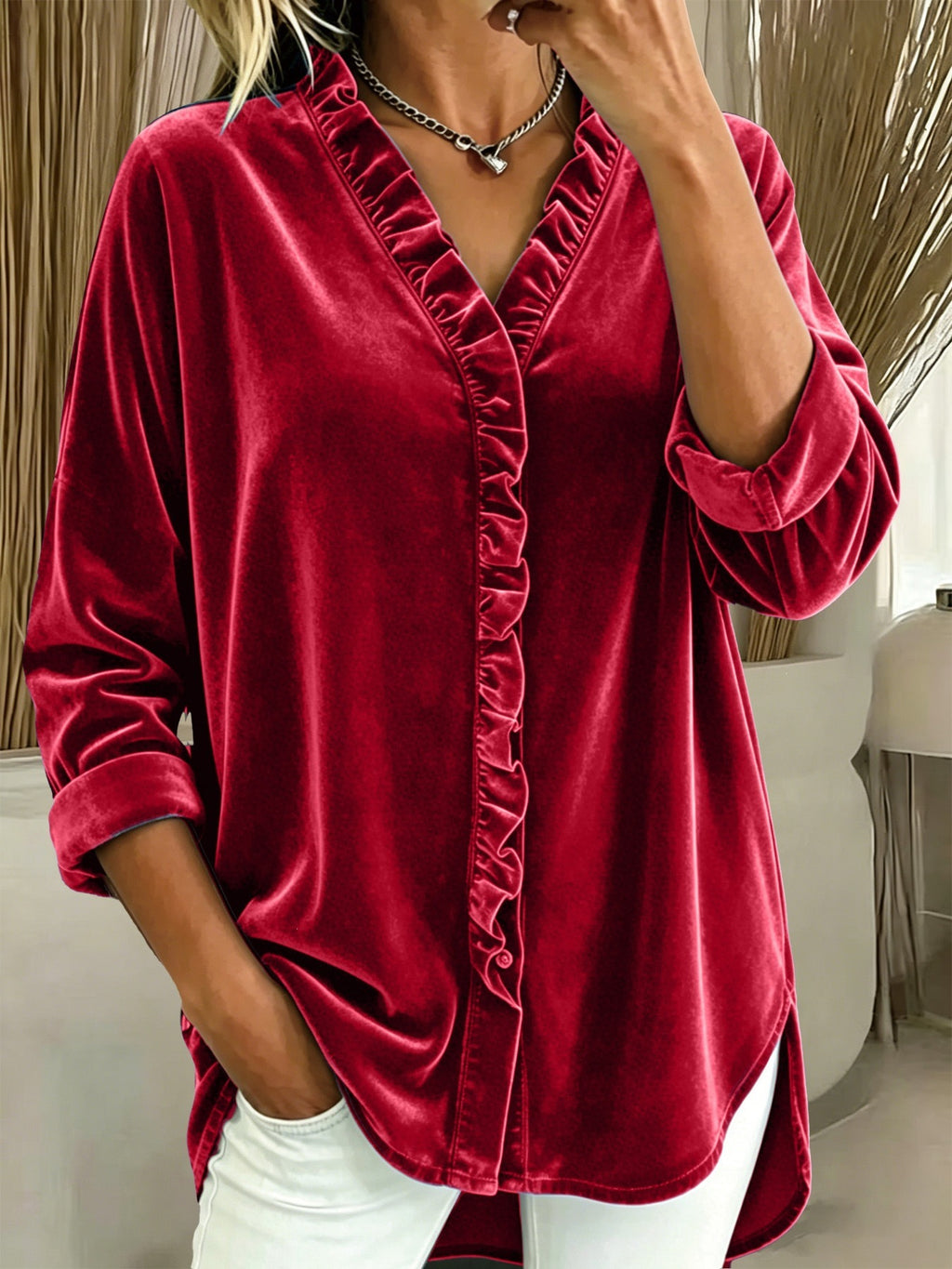 Women’s V Neck Ruffle Blouse | Long Sleeve Solid Top