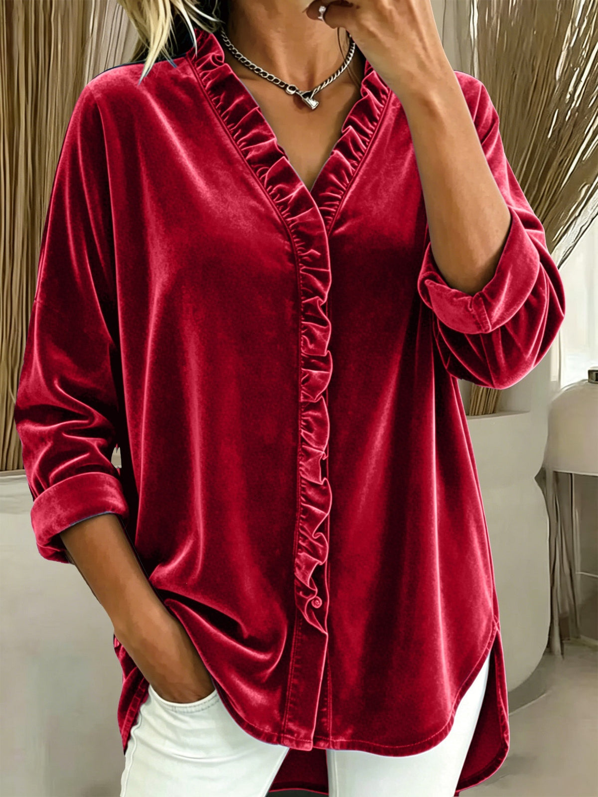 Women’s V Neck Ruffle Blouse | Long Sleeve Solid Top