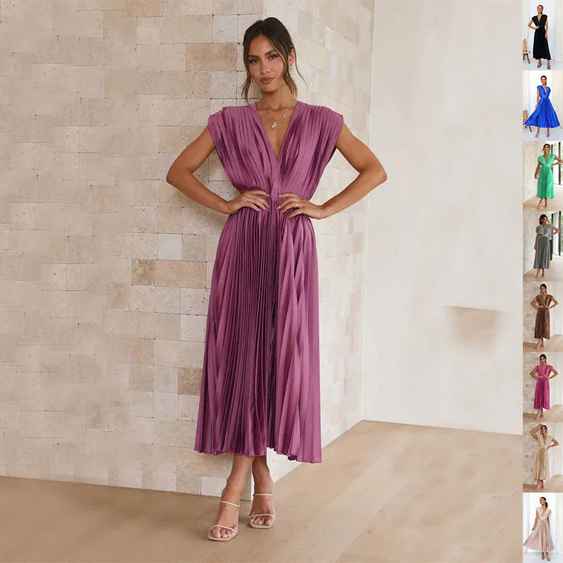 Woman wearing a purple dress against a beige wall with multiple images of the dress shown.