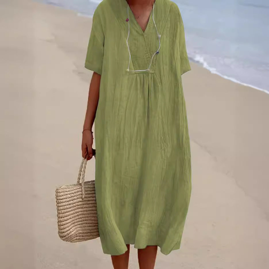Women Cotton Linen V Neck Solid Color Long Dress Casual Summer Fashion Dress