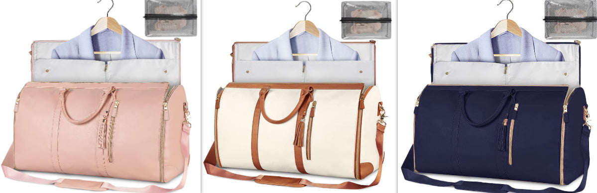 Three different colored bags on hangers with clothes inside, against a wooden panel background.