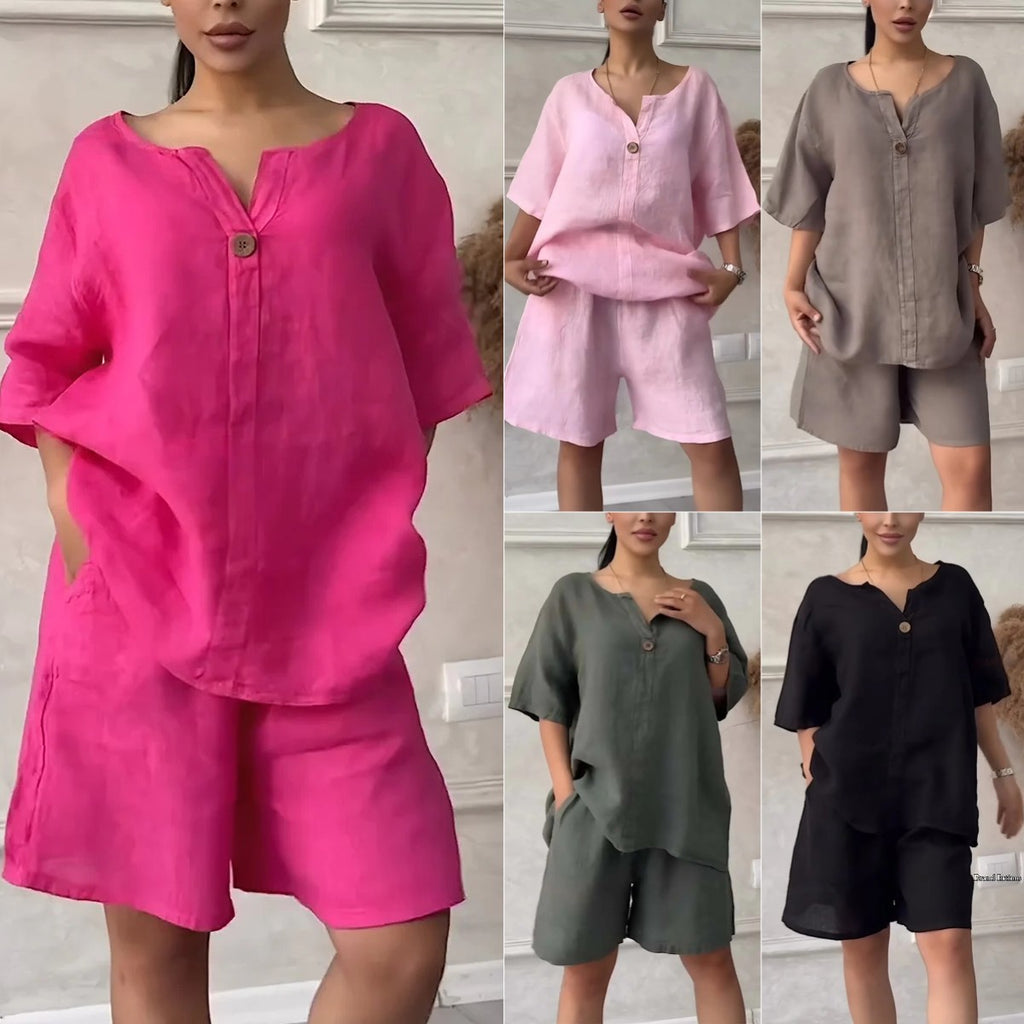 Collage of women wearing pink, gray, and black outfits with matching shorts.