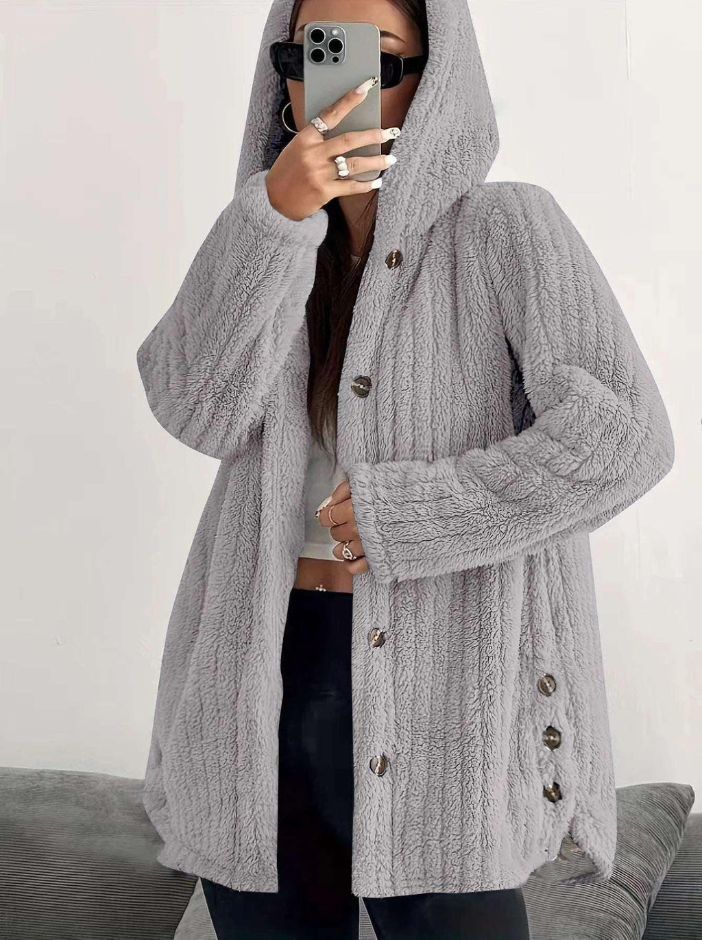 Women’s Hooded Plush Coat – Loose Long Sleeve Jacket - ZA-Zola