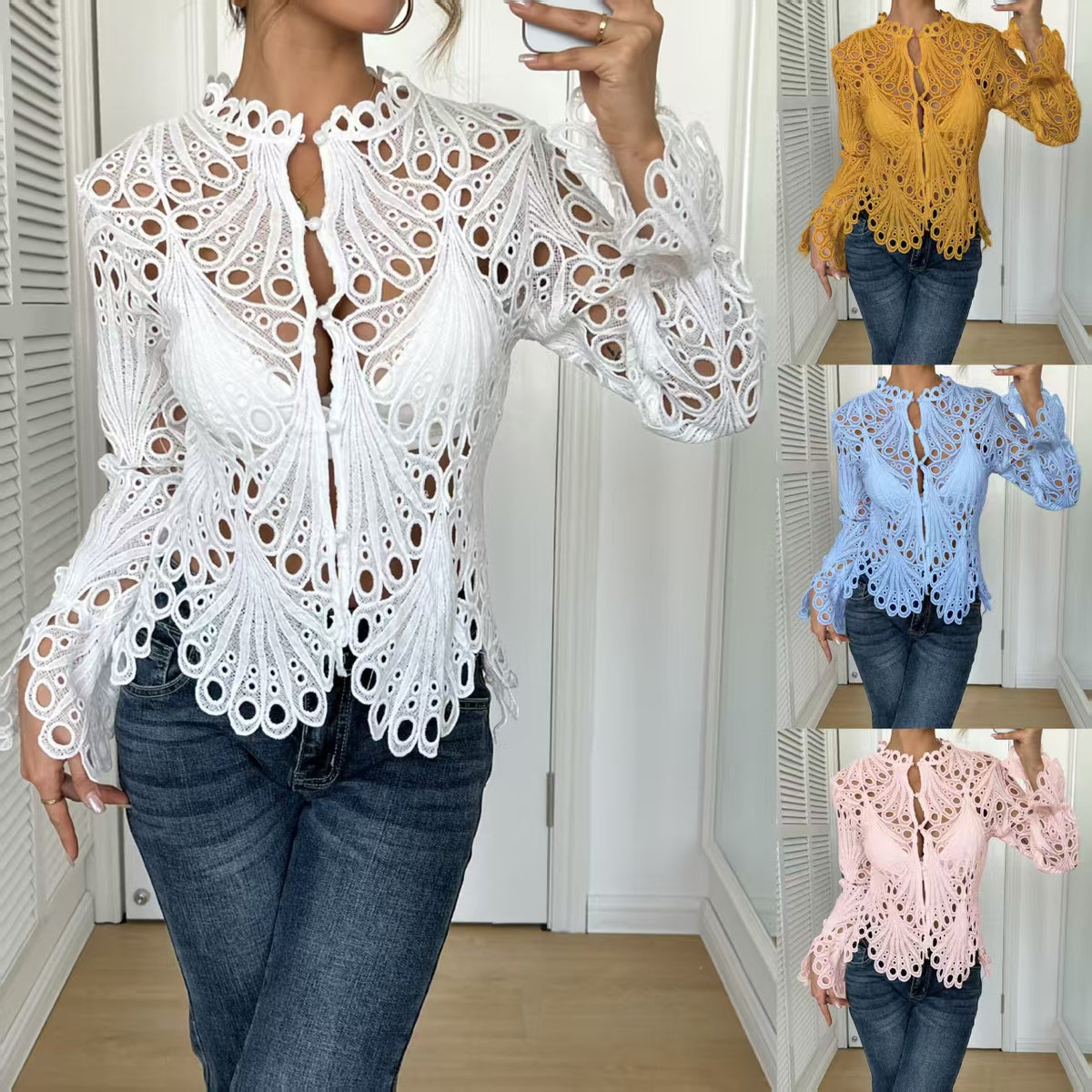Woman wearing a white lace top with denim jeans, surrounded by other color options.