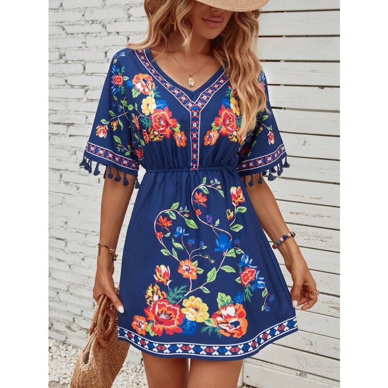 Bohemian Retro Ethnic Print Temperament Waist-Controlled Slimming Short Holiday Dress for Women