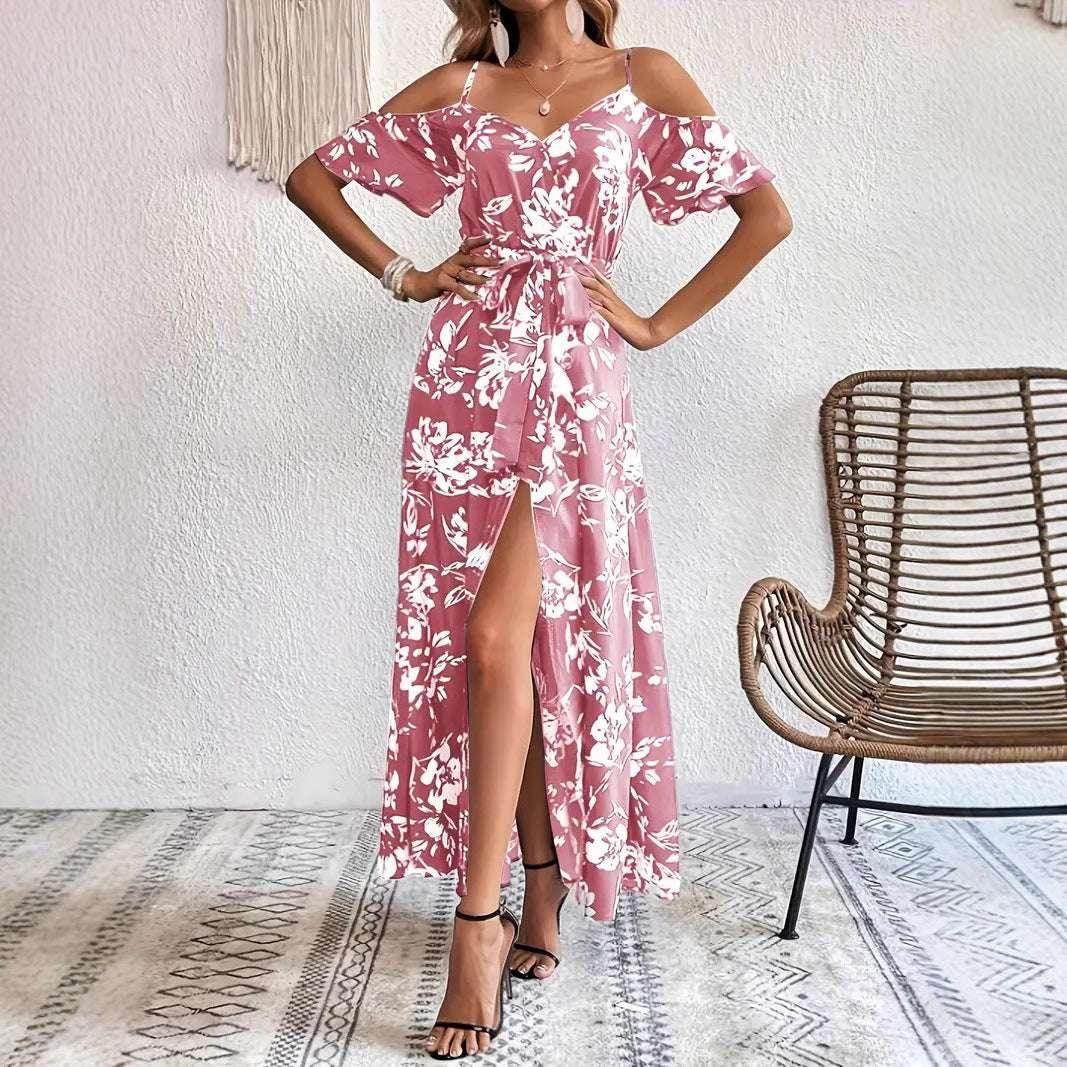Ins Off-Shoulder Split Dress – Floral Summer Suspender Maxi with Belt - ZA-Zola