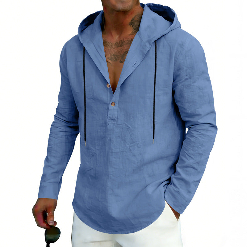 Men's Linen Long Sleeve Hoodie Top | Casual Slim Fit