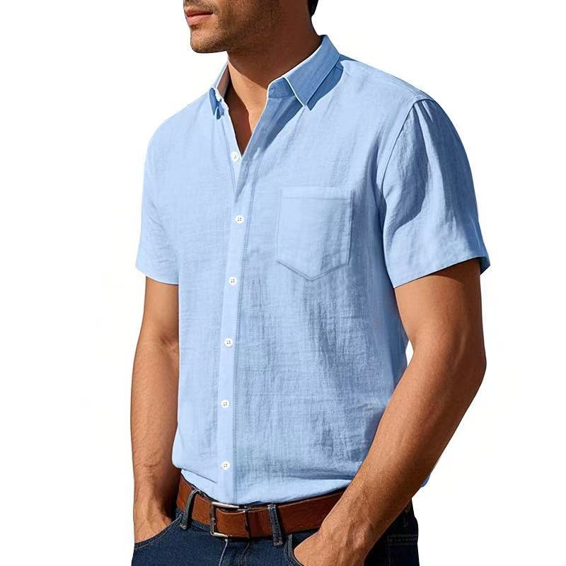 Man wearing a light blue short-sleeve shirt on a white background