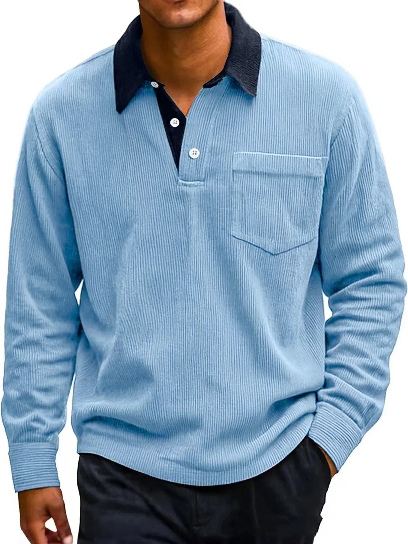 Man wearing a light blue long-sleeve shirt with a black collar on a white background
