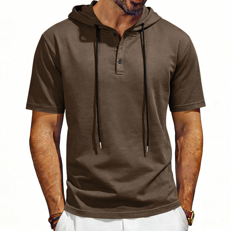 Brown short-sleeve hoodie worn by a person on a white background