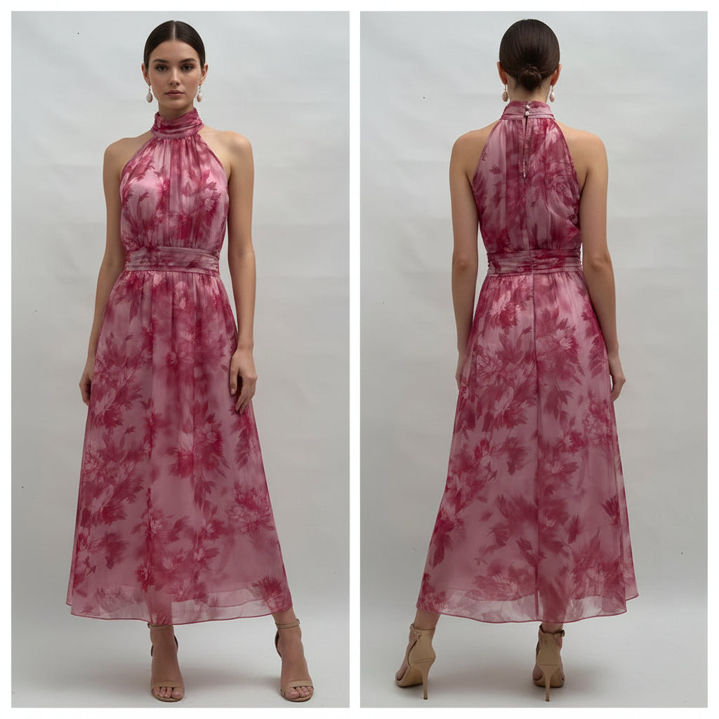 Pink tie-dye dress on a mannequin against a white background