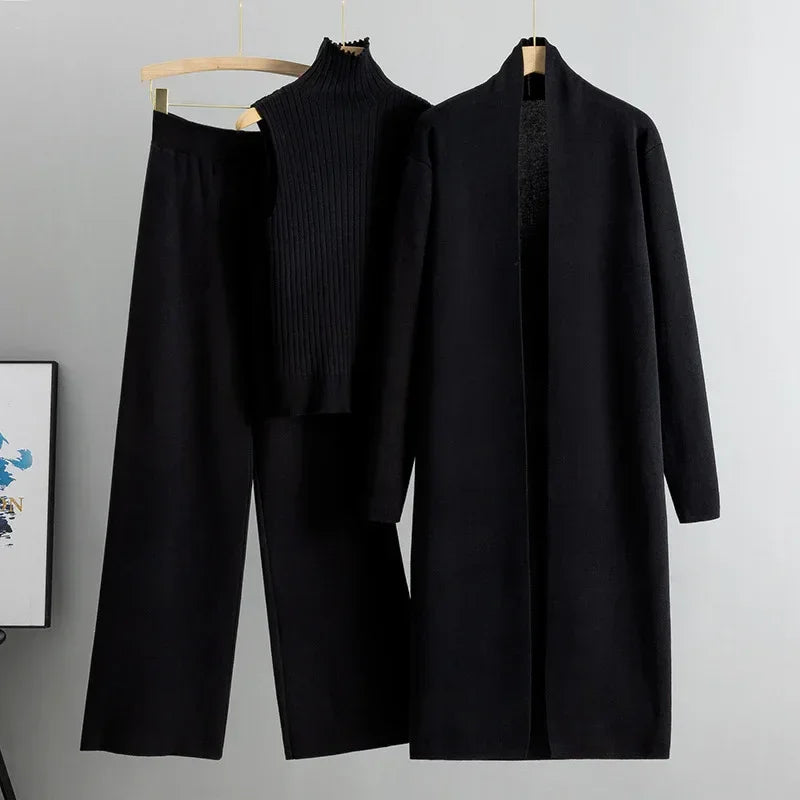 Women Knitted Three Piece Set – Stylish Vest, Cardigan & Pants Outfit - ZA-Zola