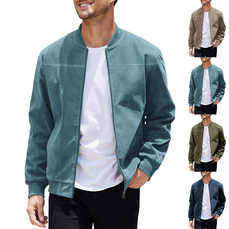 Man wearing a teal bomber jacket over a white shirt with multiple views of the jacket.