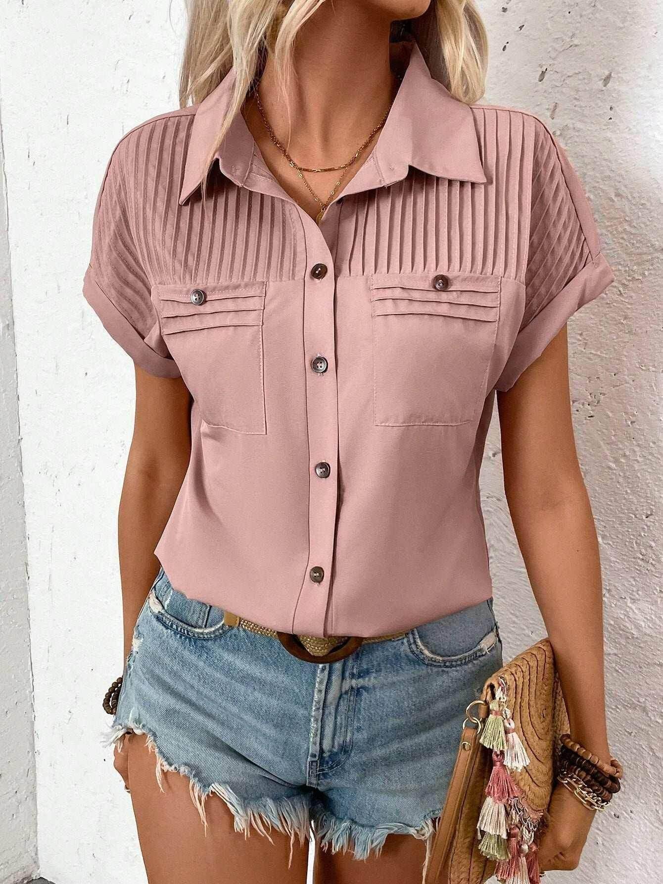 Pleated Pocket Lapel Short Sleeve Top for Women - ZA-Zola