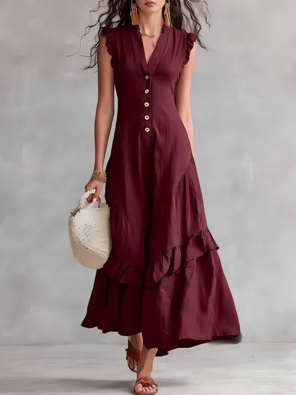 Woman wearing a burgundy dress with ruffled details against a plain background