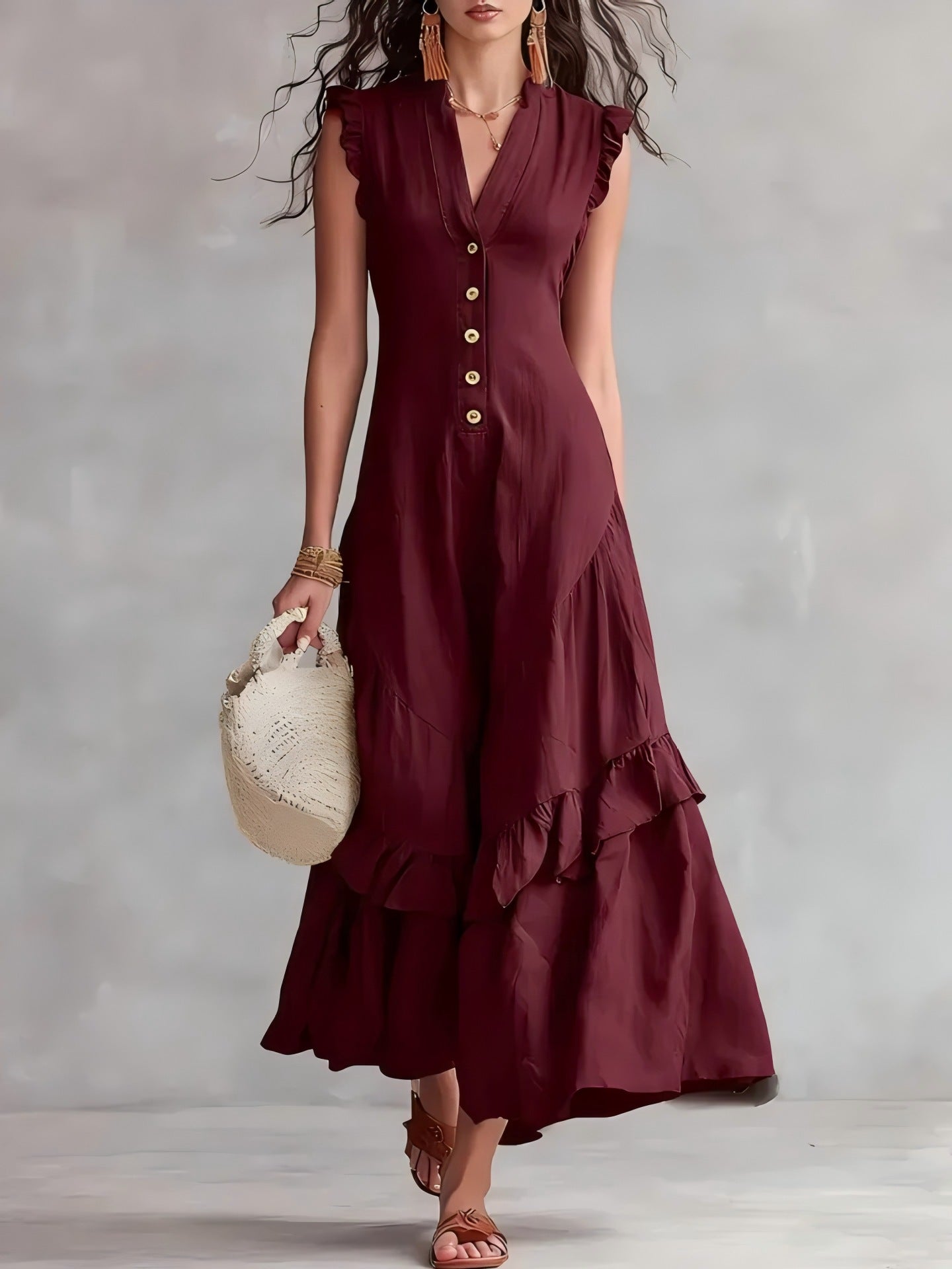 Woman wearing a burgundy dress with ruffled details against a plain background