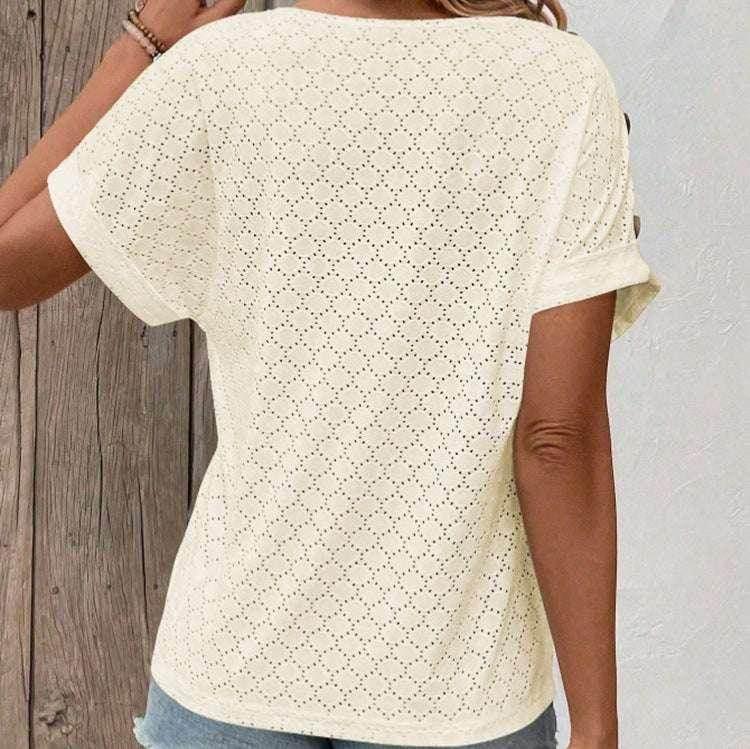 Button Jacquard Loose Summer T-Shirt for Women - ZA-Zola