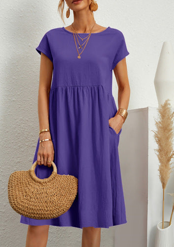 Summer Short Sleeve Round Neck A-Line Dress With Pockets Women Solid Casual Cotton Summer Dress