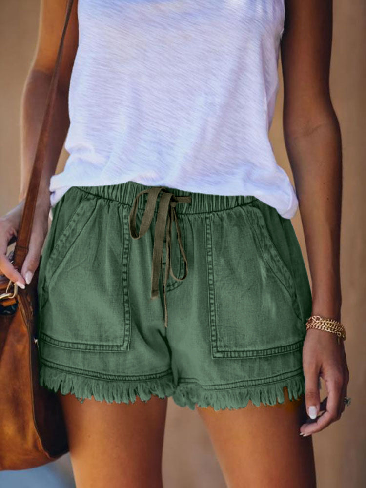Women's Fringed Denim Shorts Casual Summer Outfit Ideas