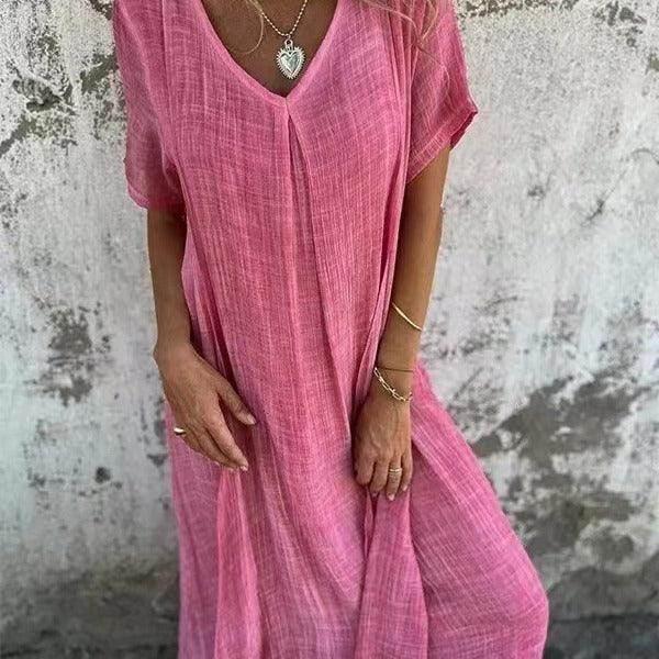 Cotton Linen V-Neck Semi-Formal Midi Dress - ZA-Zola