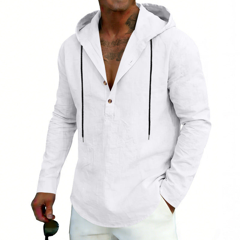 Man wearing a white hoodie with a V-neck design on a white background
