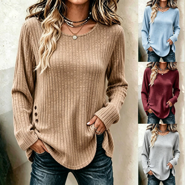 A woman wearing a ribbed long-sleeve knit sweater with button details on the cuffs, shown in a tan/beige color, with three smaller side images showing the same sweater in light blue, burgundy, and light gray.