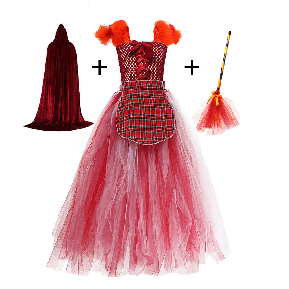 Red dress with plaid skirt, red cape, and broom on a white background