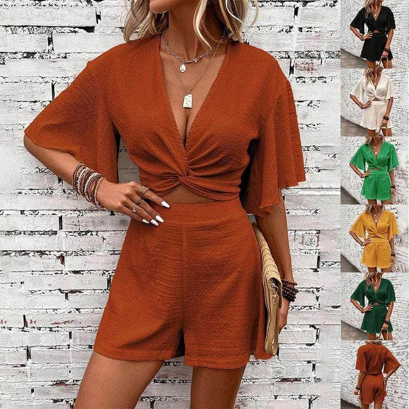 Trendy rust-colored women's two-piece shorts set with v-neck, from ZA-Zola fashion UK.