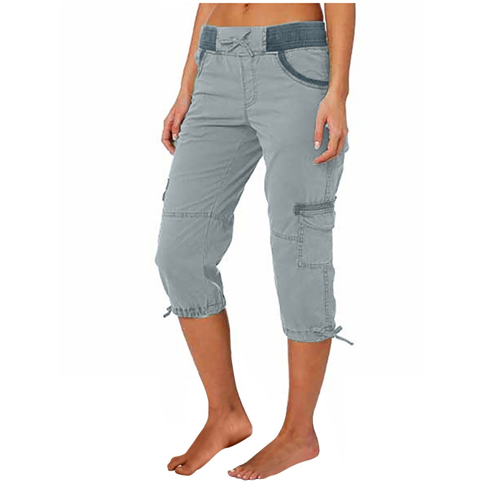 Light blue capri pants worn by a person on a white background