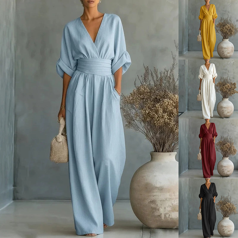 V Neck Wide Leg Jumpsuit – Short Sleeve Elegant Summer Casual Women Outfit