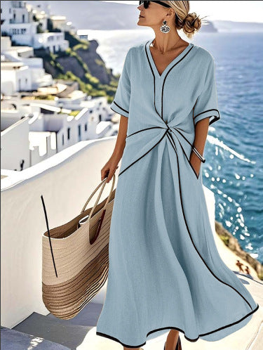 Women’s Summer Striped Print Short Sleeve Casual Beach Maxi Dress