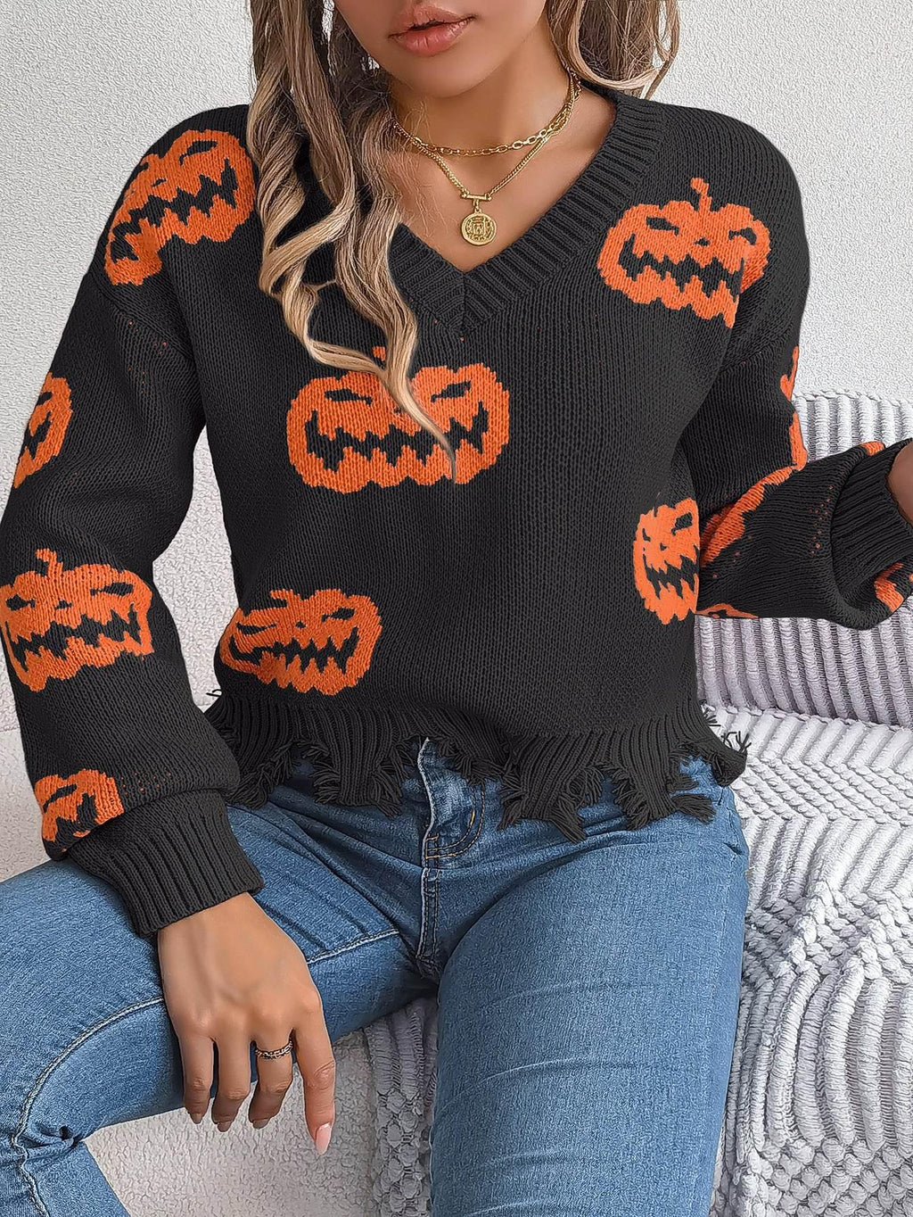 ZA-Zola Halloween Pumpkin Cut Long Sleeve Sweater - ZA-Zola